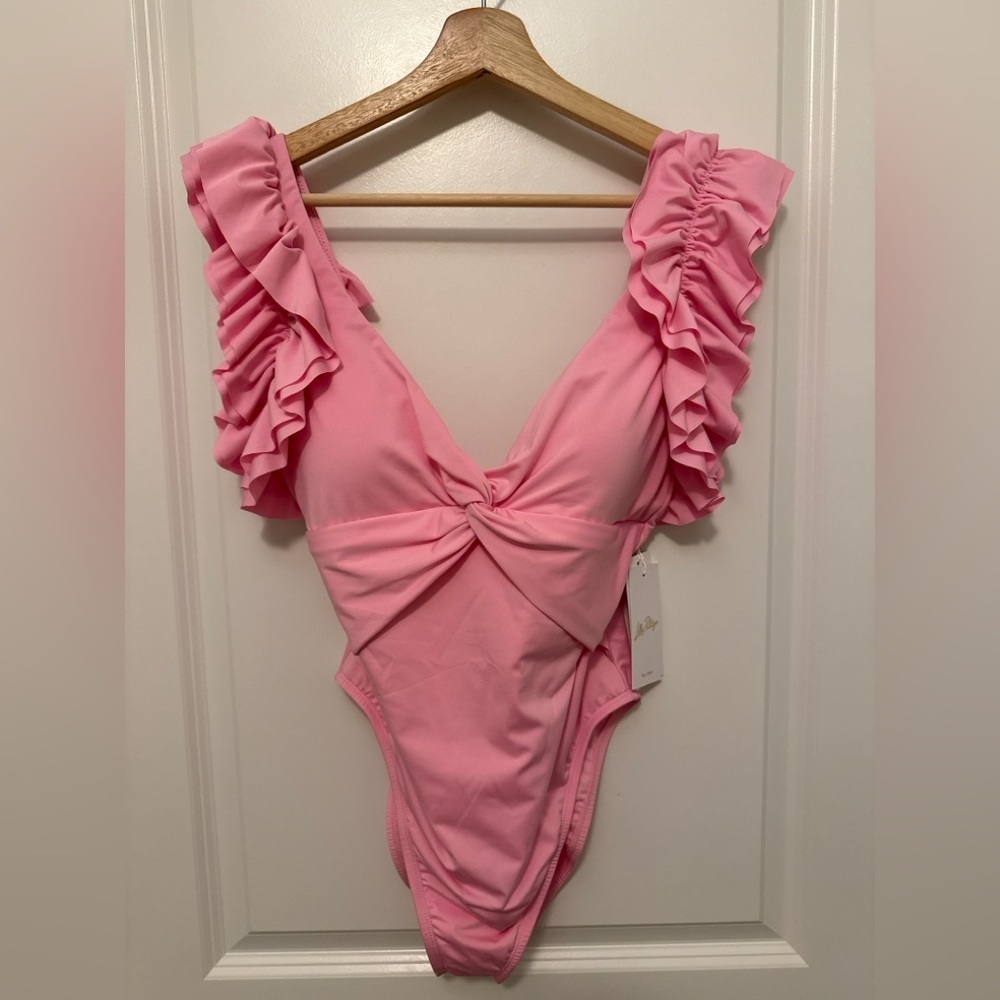 Lilly Pulitzer Steviekate One-Piece Swimsuit Conch Shell Pink Ruffle Sz 10 NWT - Picture 2 of 8